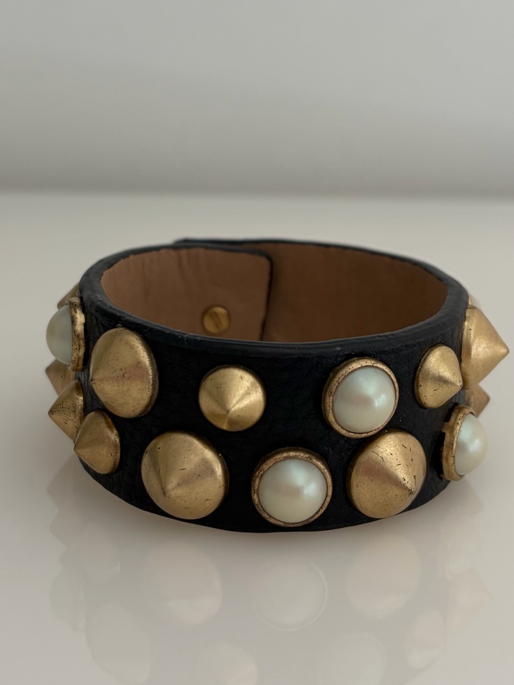 Eddie Borgo Black Leather Bracelet with Gold Studs and Pearl Accents
